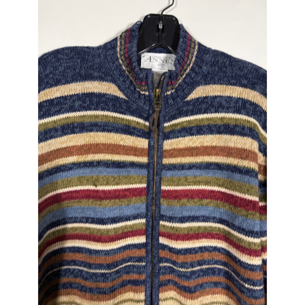 VTG Casual Corner Annex Petite Striped Full Zip Sweater Ramie Cotton Blue Multi